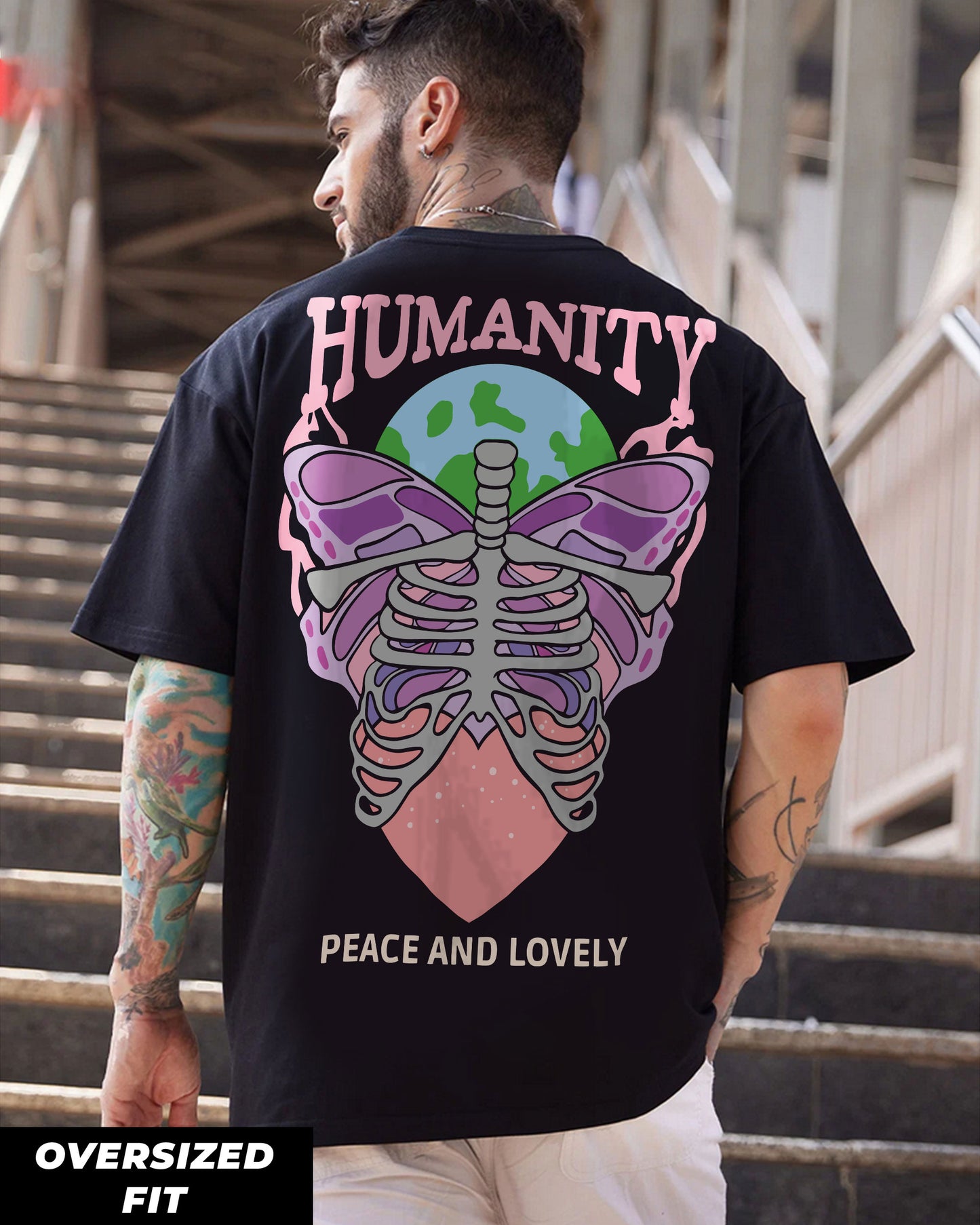 HUMANITY PEACE AND LOVELY BLACK OVERSIZED T-SHIRT