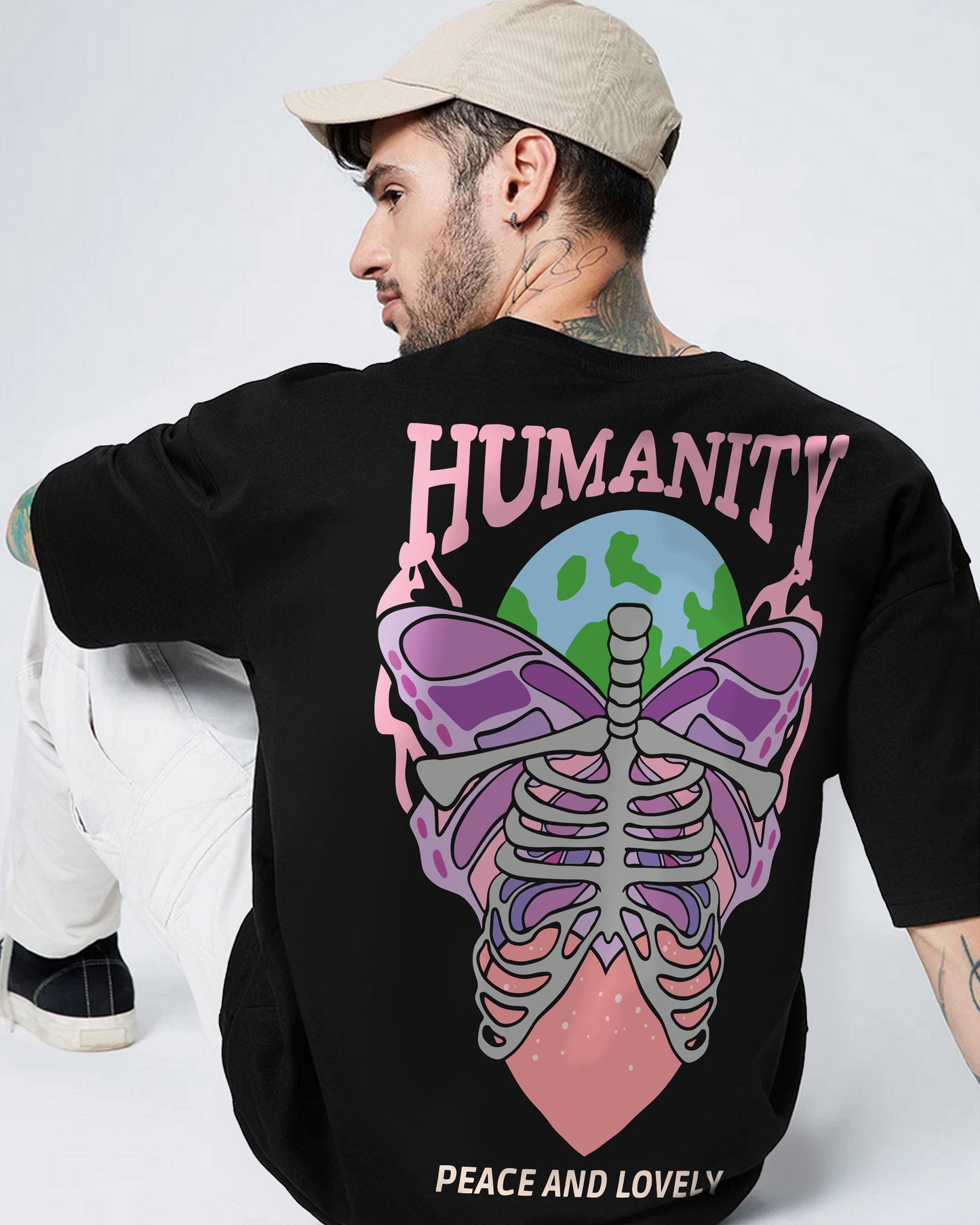 HUMANITY PEACE AND LOVELY BLACK OVERSIZED T-SHIRT