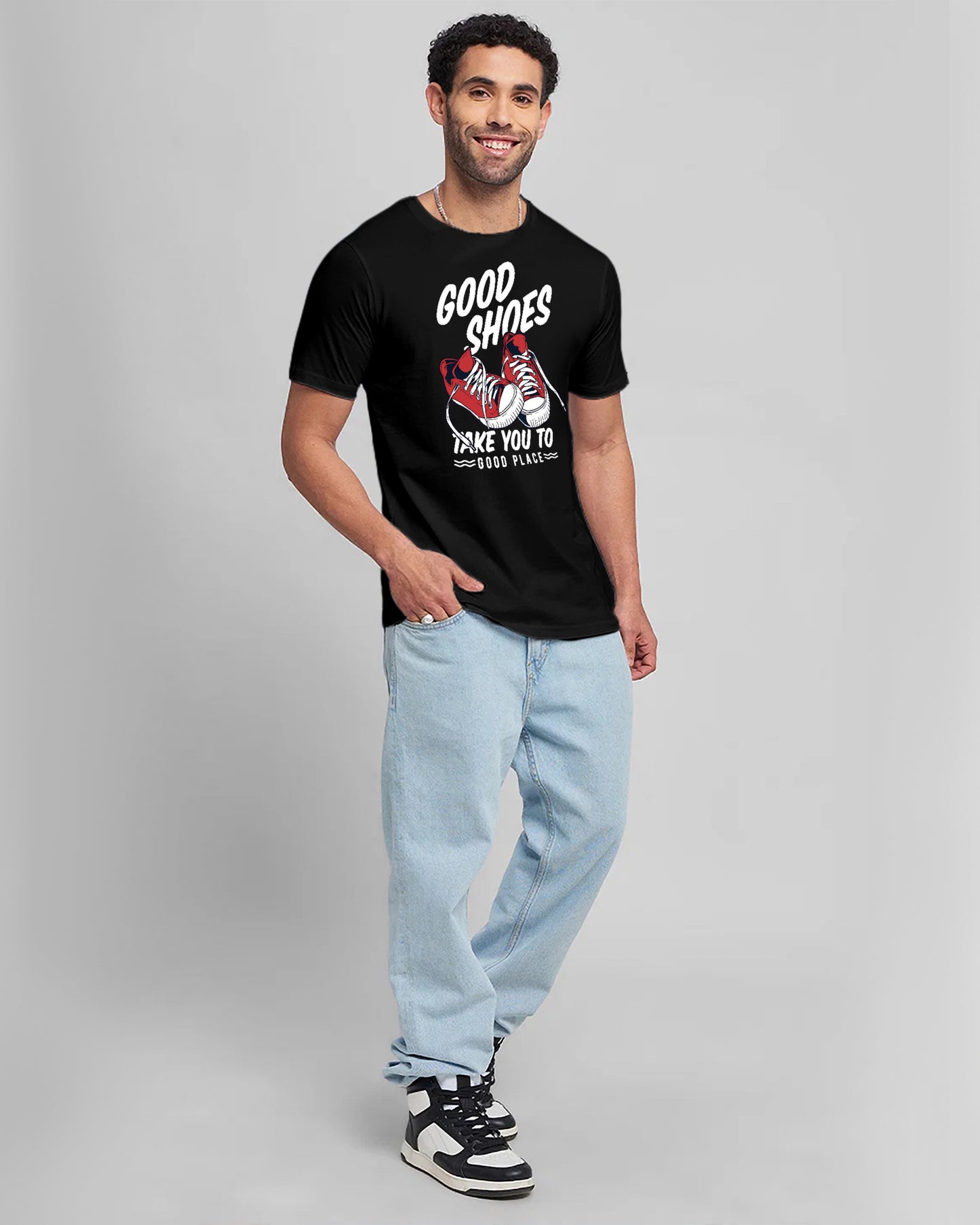 GOOD SHOES FOR GOOD PLACE BLACK T-SHIRT