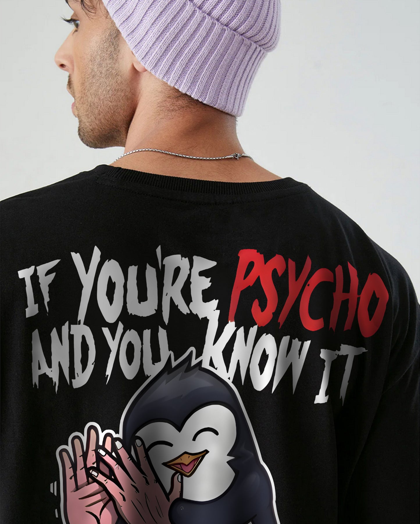 PENGUIN PSYCHOPATH CLAPPING BLACK OVERSIZED T-SHIRT