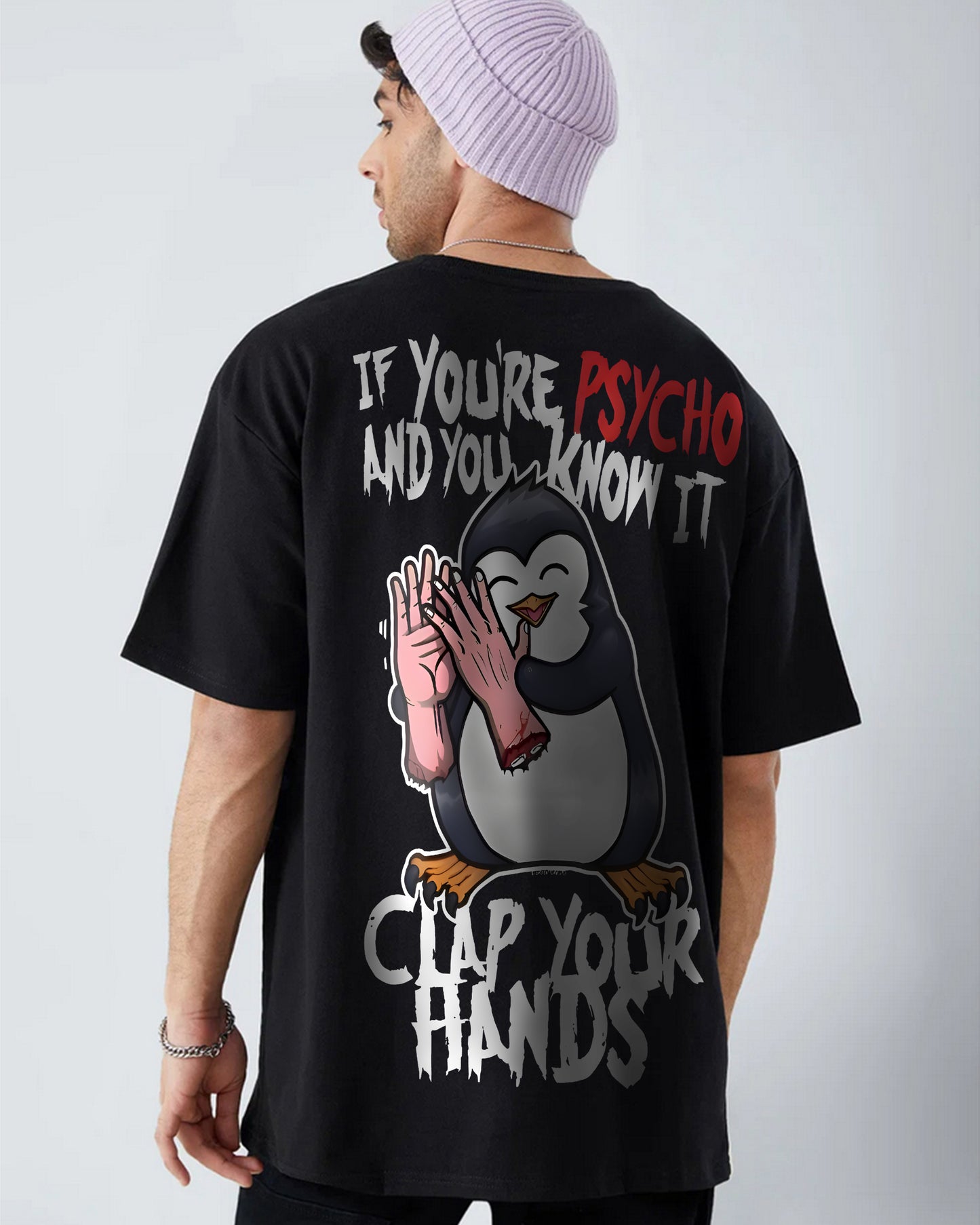 PENGUIN PSYCHOPATH CLAPPING BLACK OVERSIZED T-SHIRT