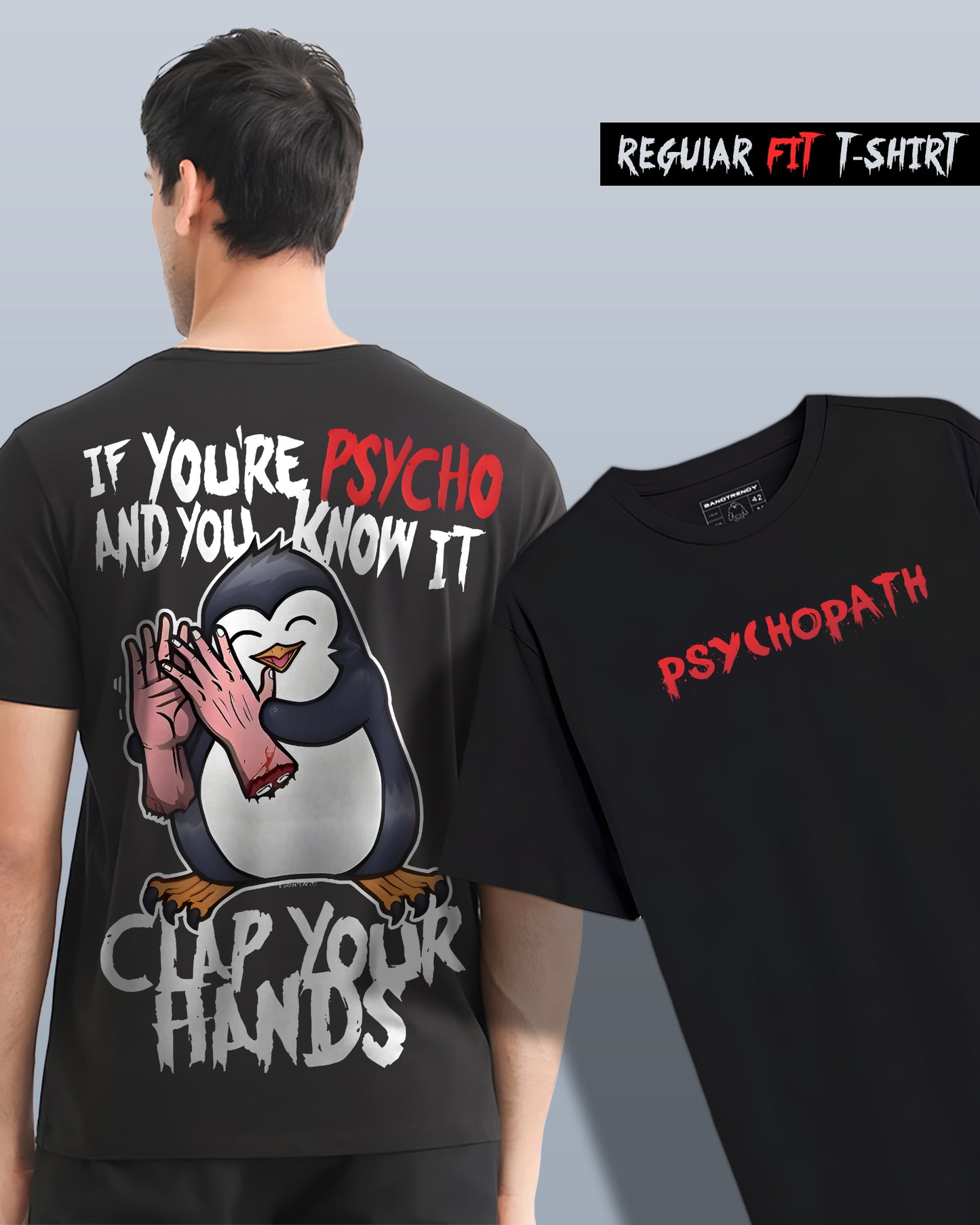 PENGUIN PSYCHOPATH CLAPPING BLACK REGULAR T-SHIRT