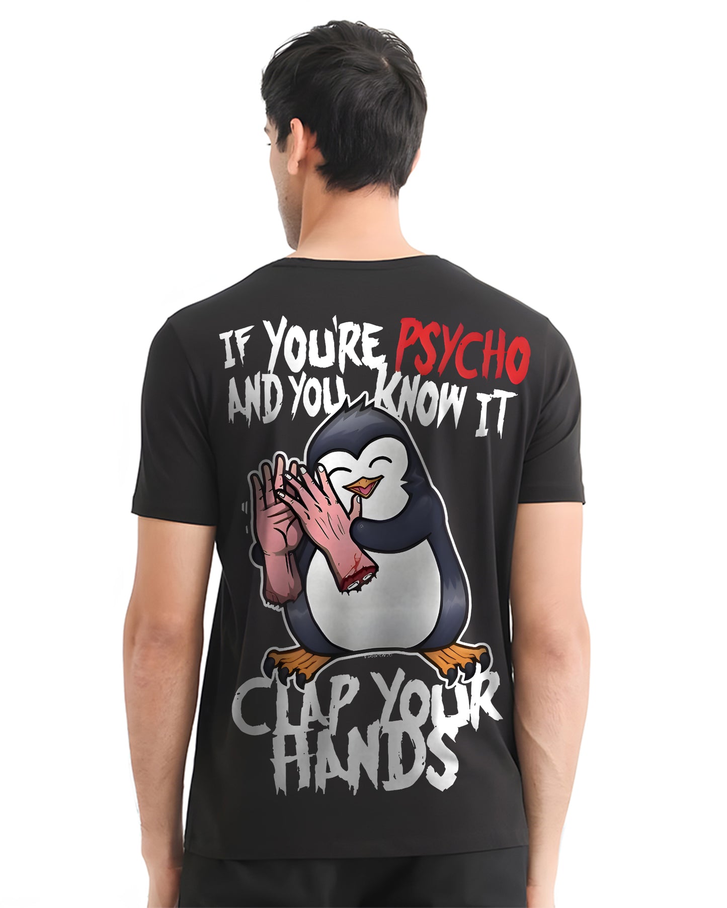 PENGUIN PSYCHOPATH CLAPPING BLACK REGULAR T-SHIRT